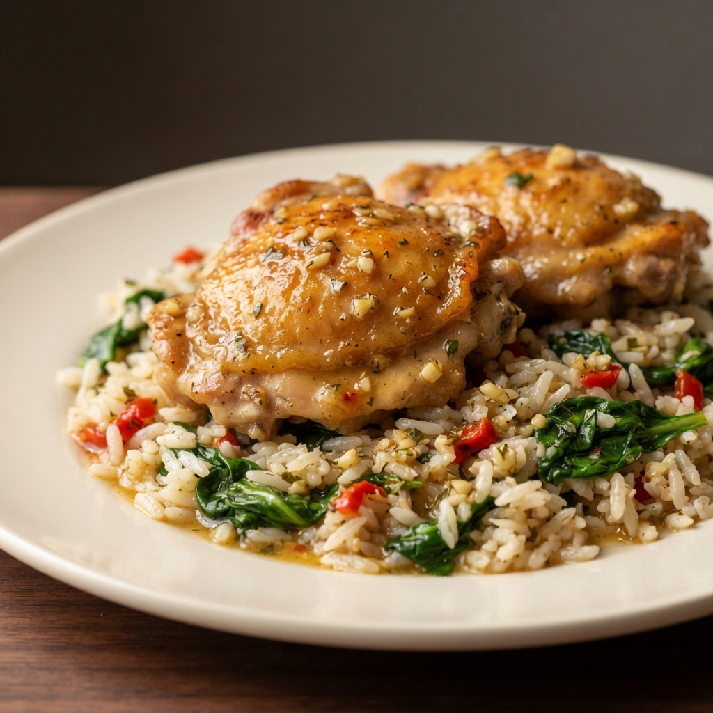 Skillet Garlic-Butter Chicken Thighs with Rice