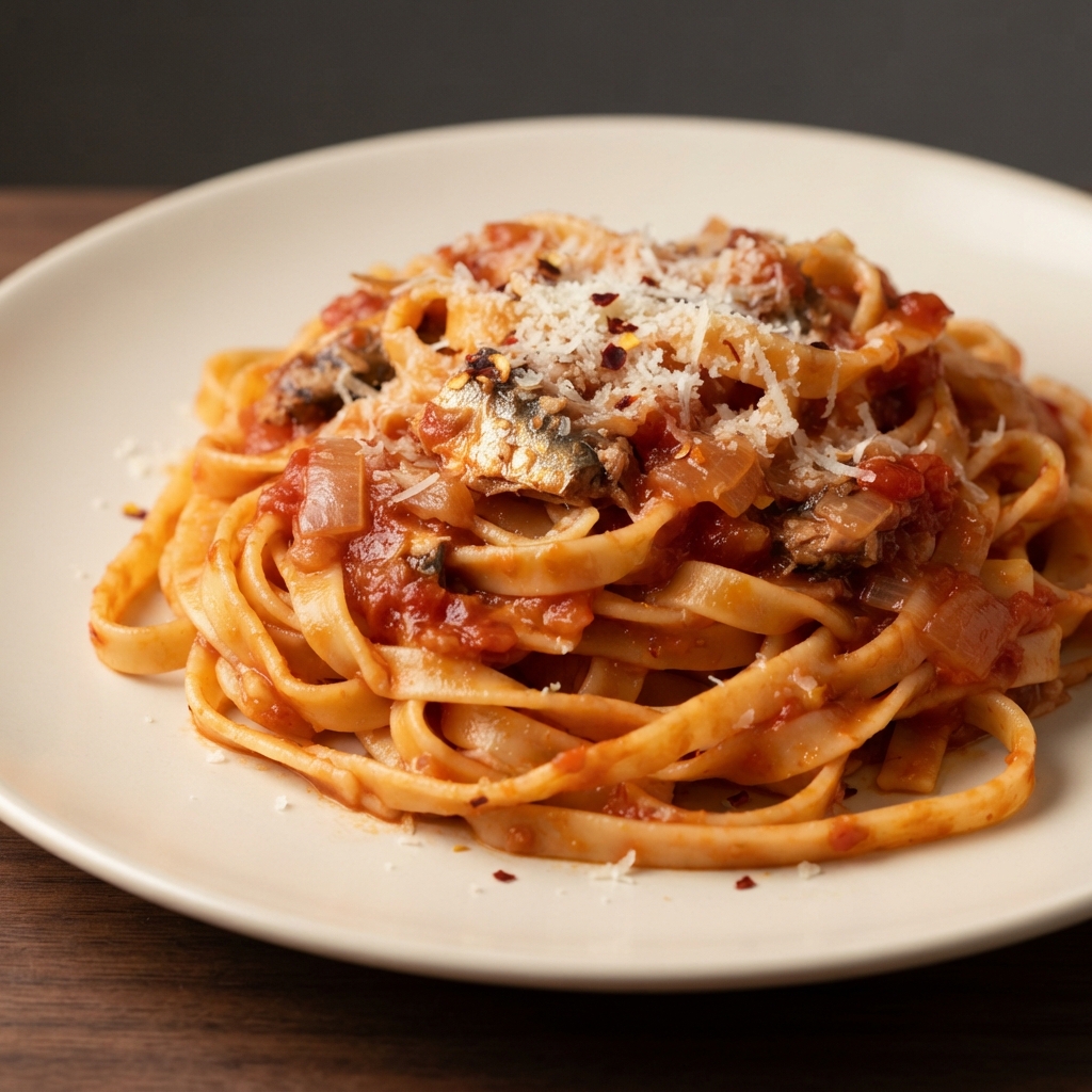 Fettuccine with Sardines in Tomato-Lemon Sauce