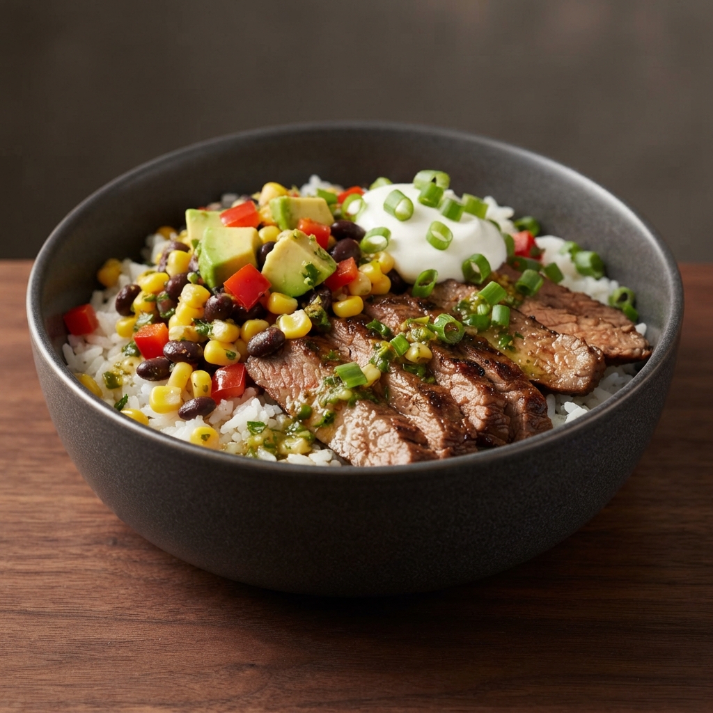 Rice Bowls with Marinated Flank Steak and Veggie Relish
