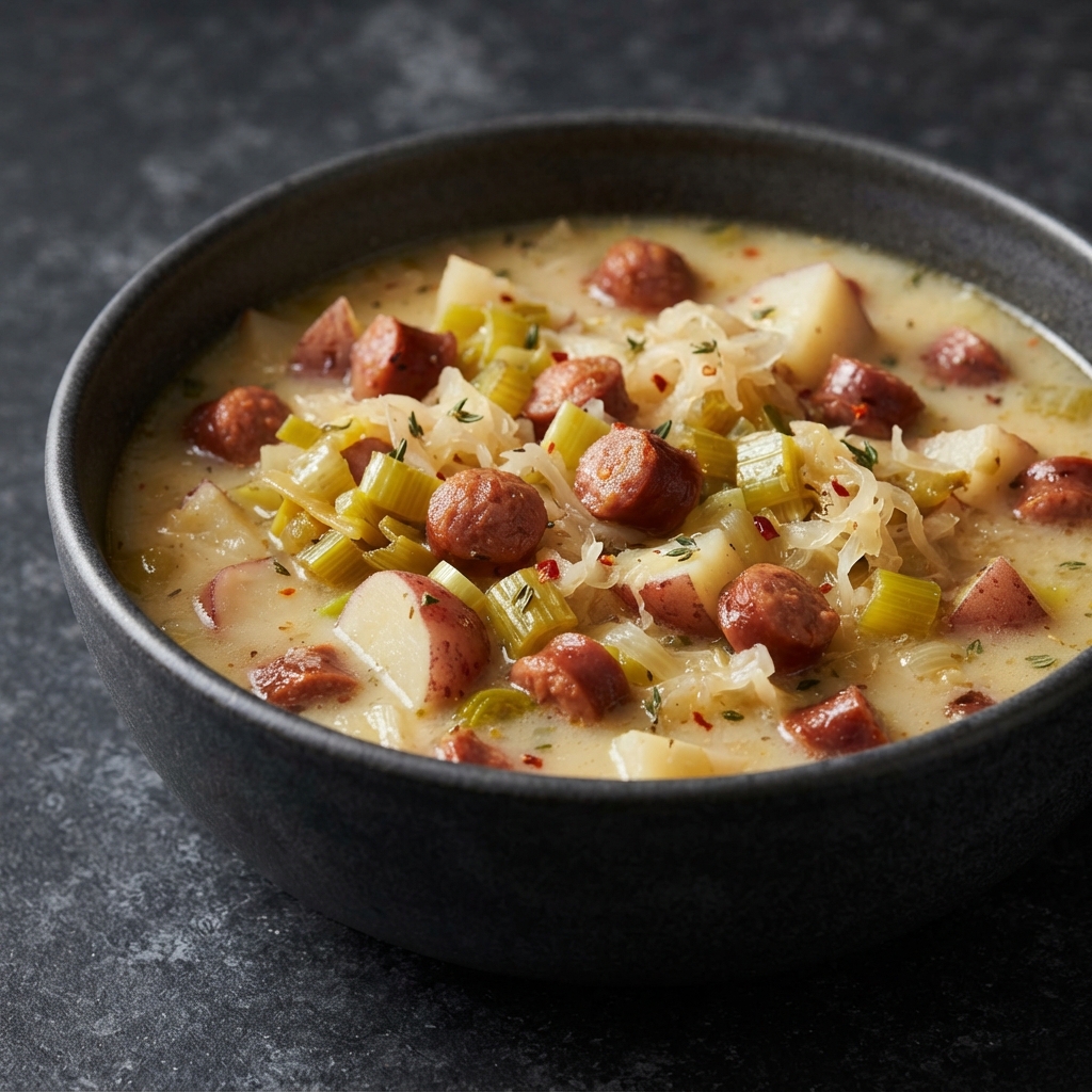 Leek, Potato and Sauerkraut Chowder with Kielbasa
