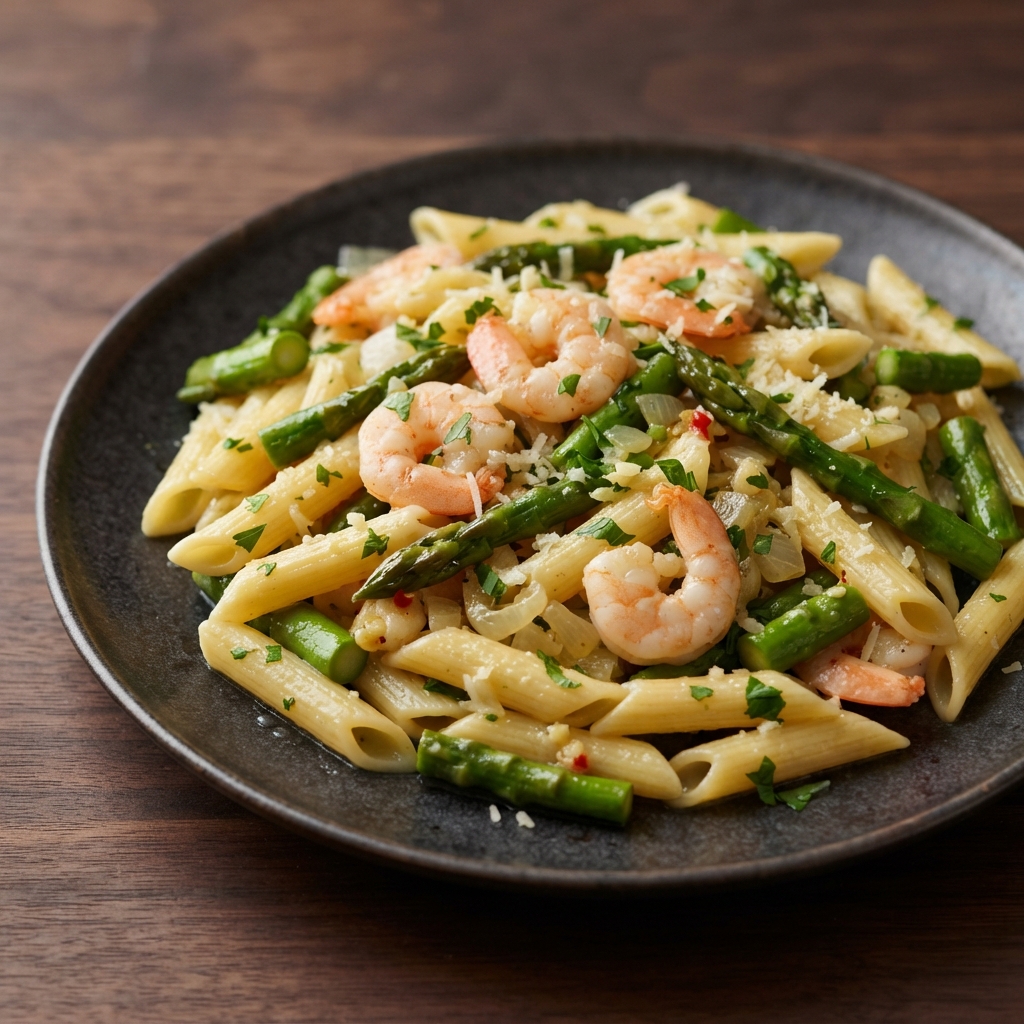 Penne with Shrimp and Asparagus in Lemon-White Wine Sauce