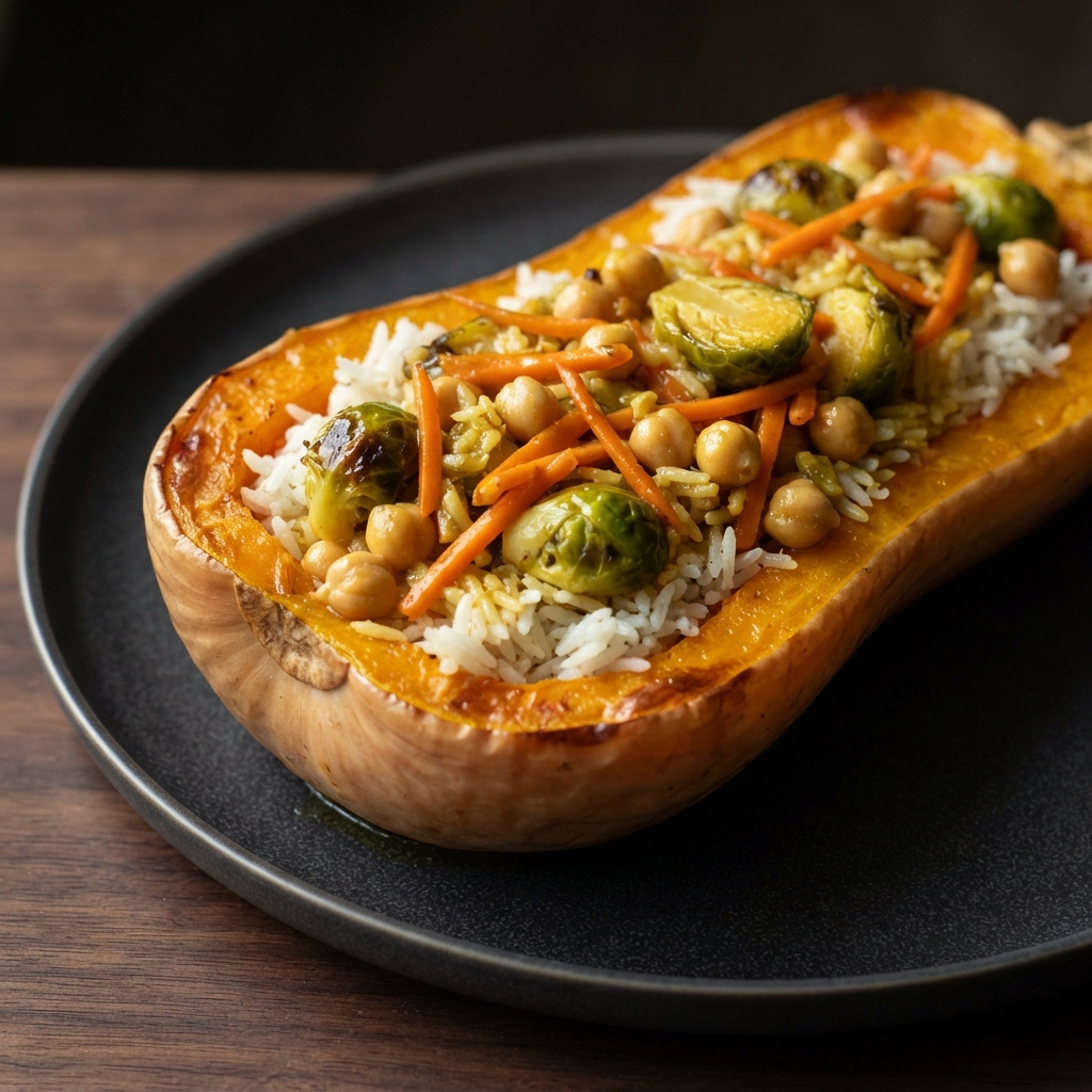 Baked Butternut Squash Boats with Rice and Veggie Filling