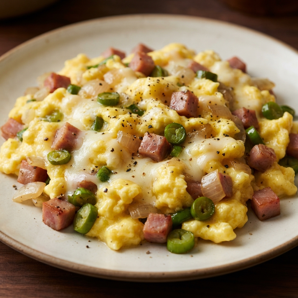 Cheesy Scrambled Eggs with Green Garlic and Ham