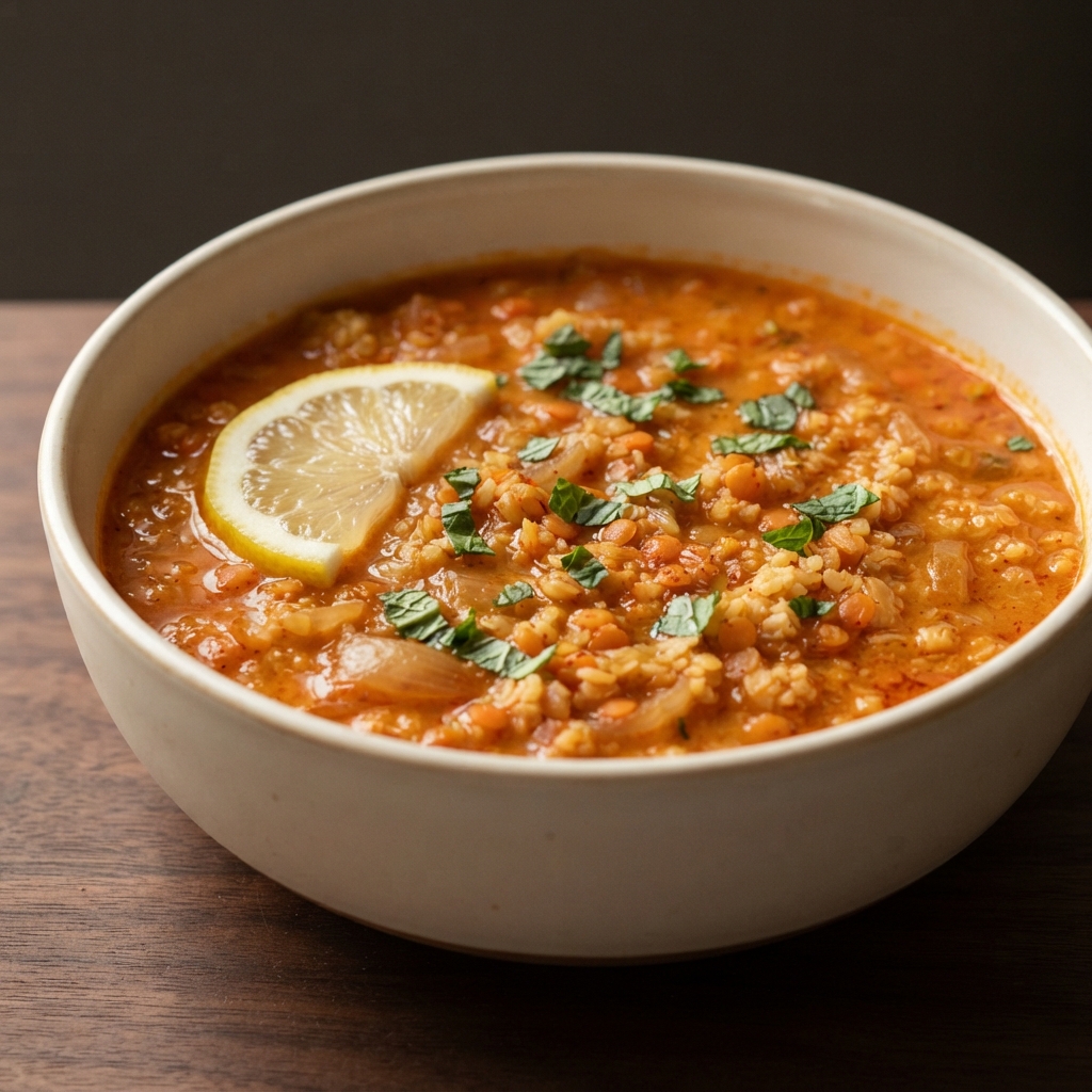 Turkish Red Lentil ‘Bride’ Soup with Bulgur and Mint