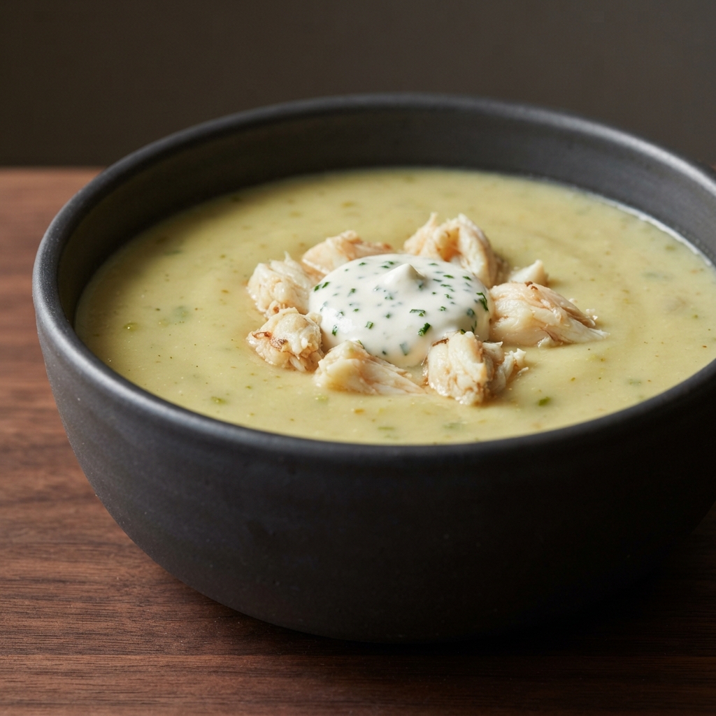 Creamy Asparagus–Yukon Potato Soup with Crab and Chive Cream