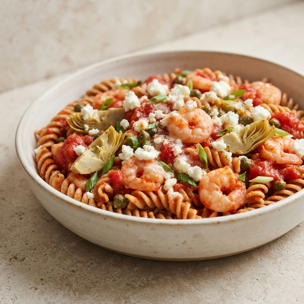 Goat Cheese Shrimp Primavera Pasta