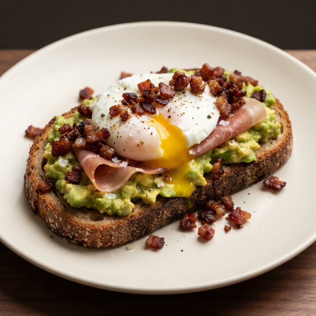 Avocado Toast topped with Crispy Pancetta Crumbles