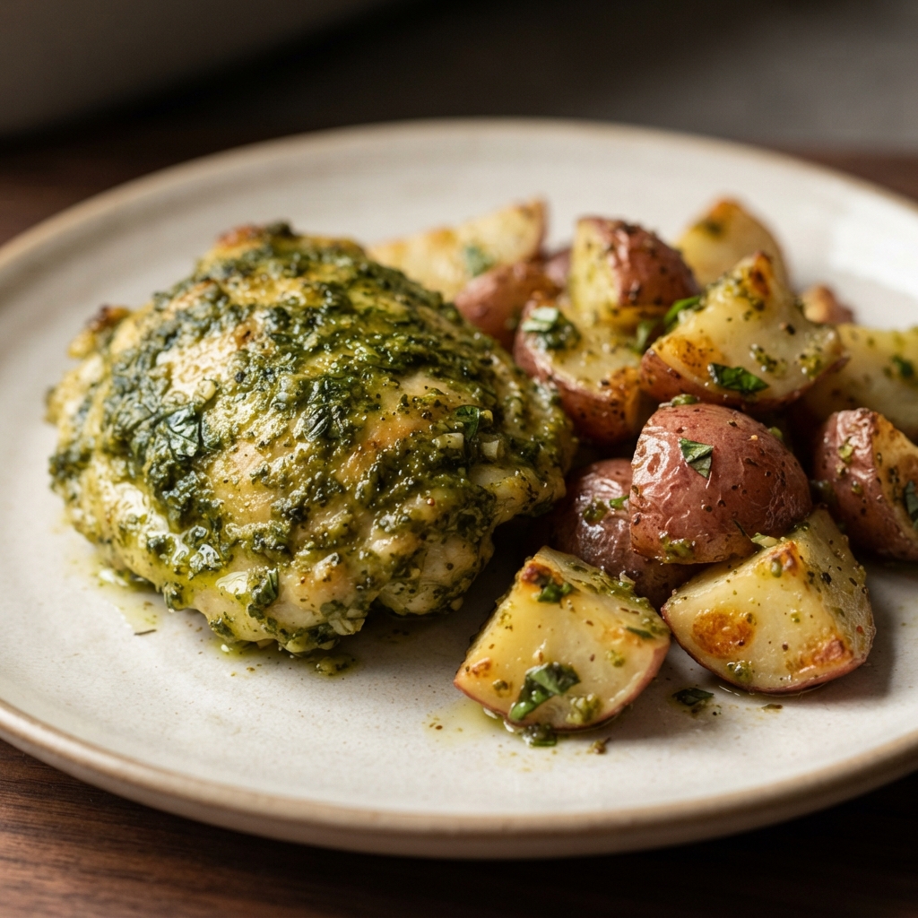 Baked Pesto Chicken Thighs and Potatoes