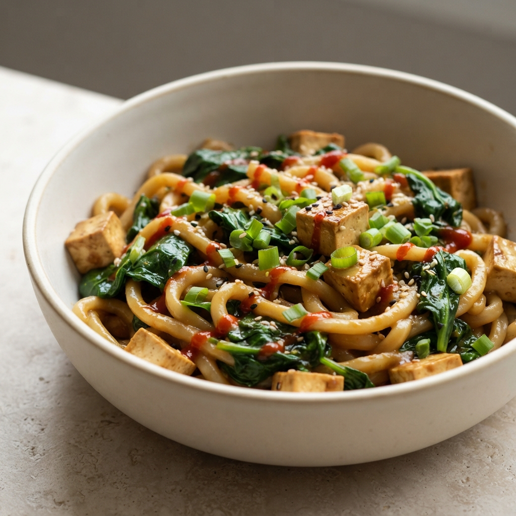 Udon with Miso-Butter, Spinach, and Tofu
