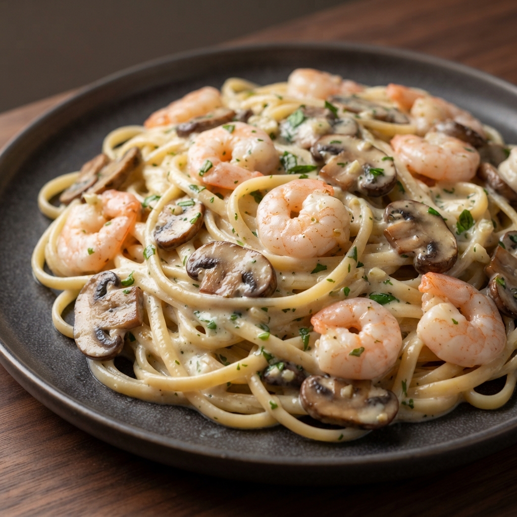 Linguine with Shrimp, Mushrooms, and Creamy Herb Cheese Sauce