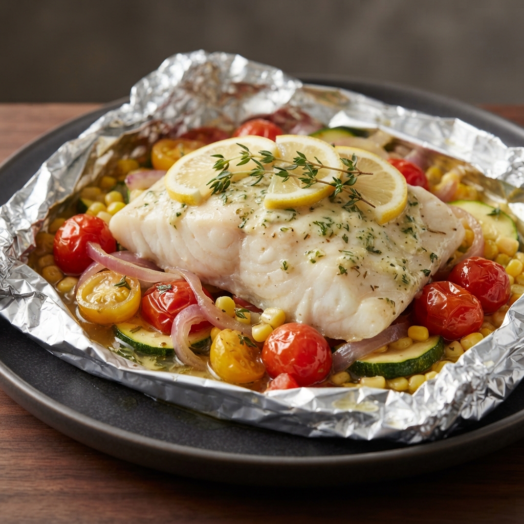 Halibut and Veggie Foil Packets on the Grill