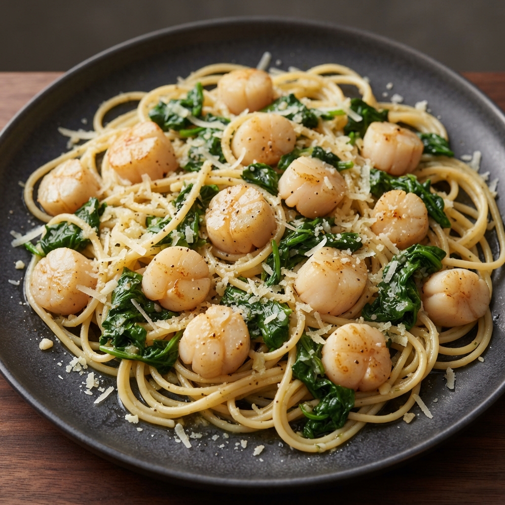 Pasta with Scallops and Lemon-Spinach
