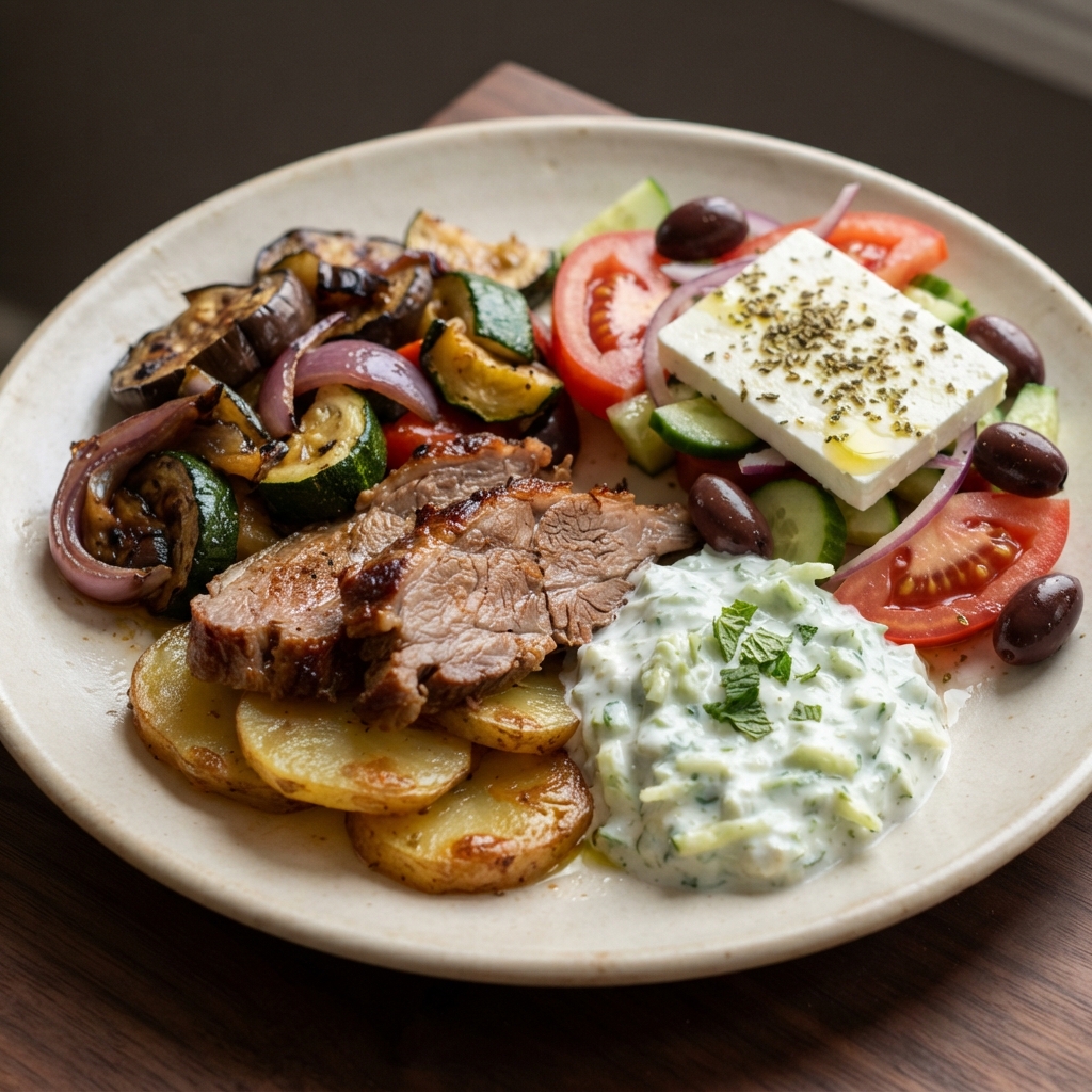 Greek Roast Lamb with Tzatziki, Pan-Roasted Veggies, and Village Salad
