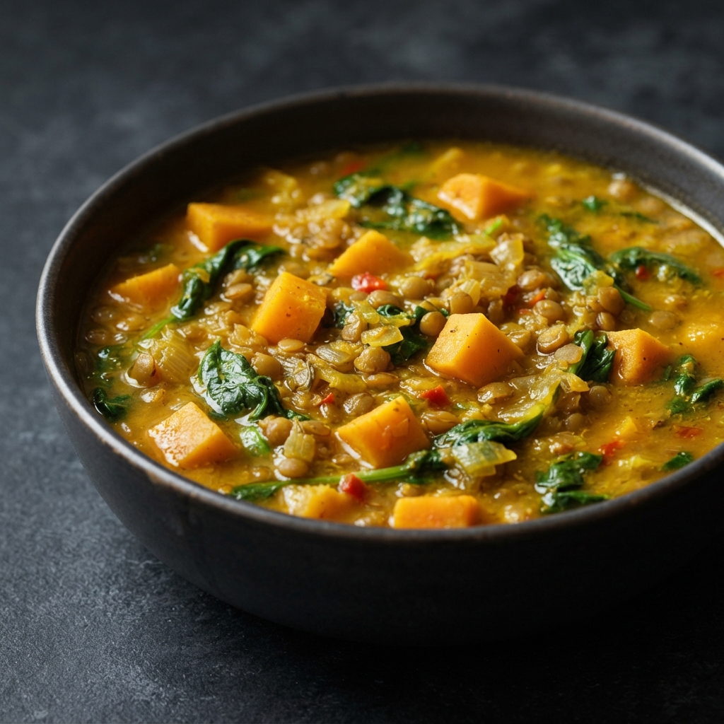 Spiced Sweet Potato & Lentil Soup with Spinach