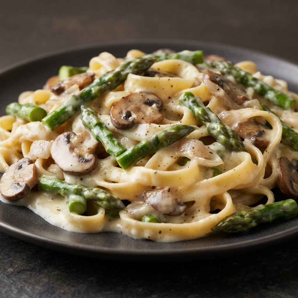 Asparagus & Mushroom Fettuccine in Parmesan Cream