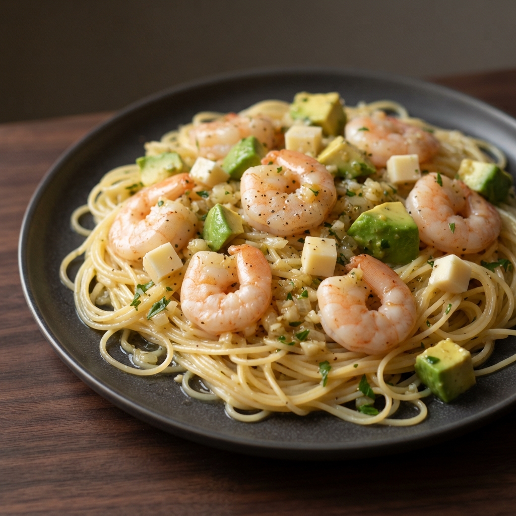 Shrimp Scampi with Angel Hair and Avocado (3000 kcal OMAD)