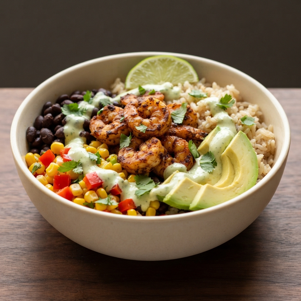 Blackened Shrimp Grain Bowl with Avocado and Black Beans