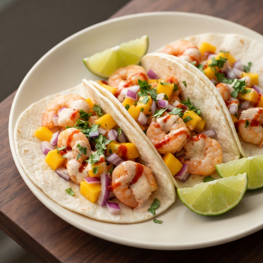Chili-Lime Shrimp Tacos with Mango and Sriracha Ranch