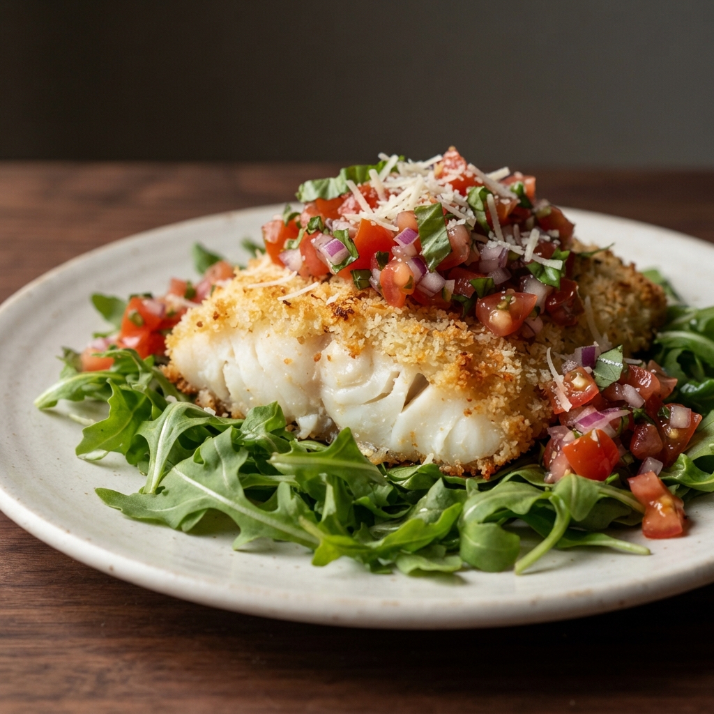 Parmesan-Crusted Black Cod with Arugula and Tomato Basil Relish