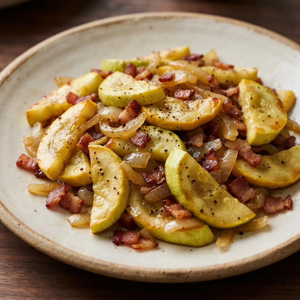 Pan-Fried Summer Squash with Bacon and Onions