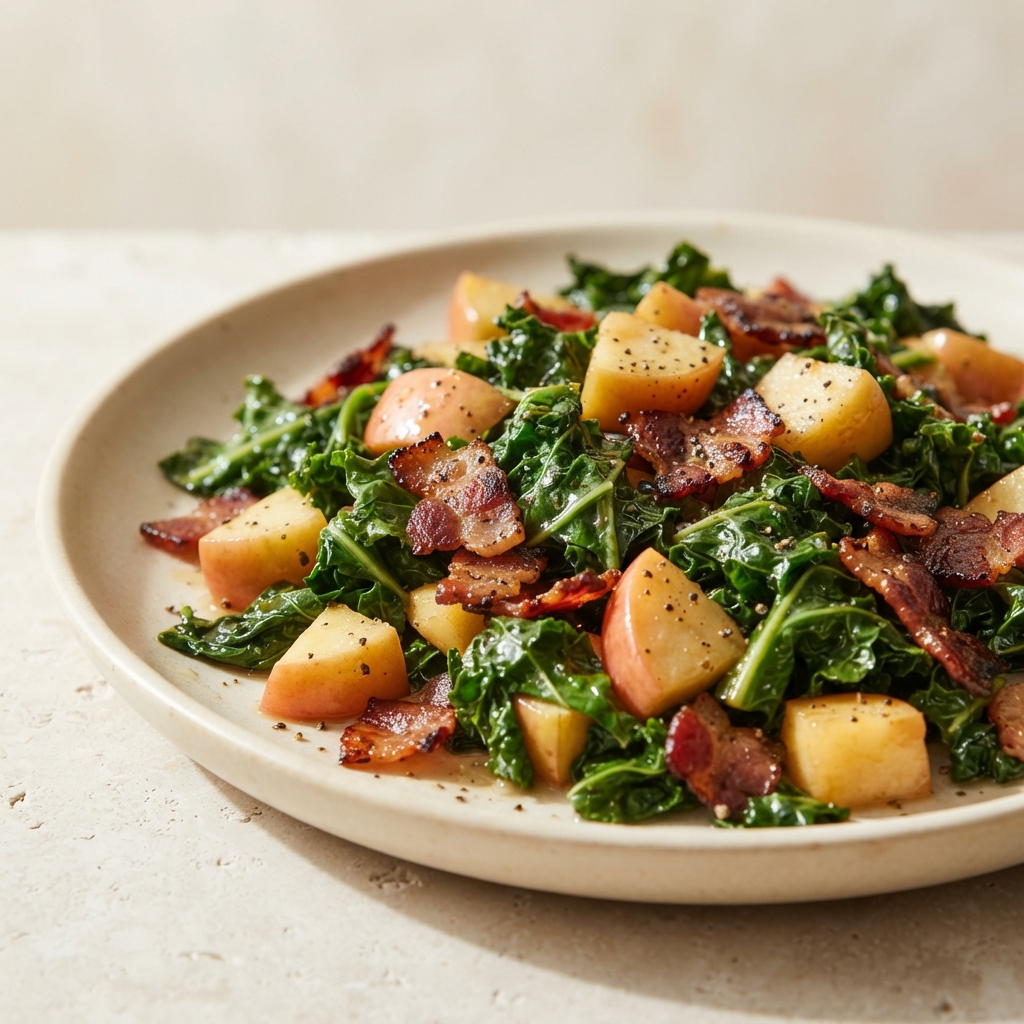 Kale Sauté with Peppered Bacon and Apples