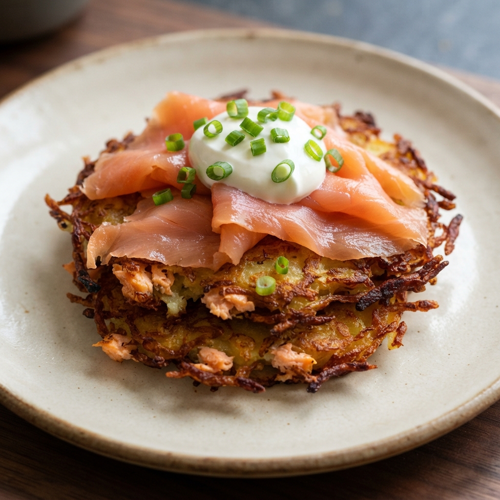 Crispy Potato Cakes Topped with Smoked Salmon