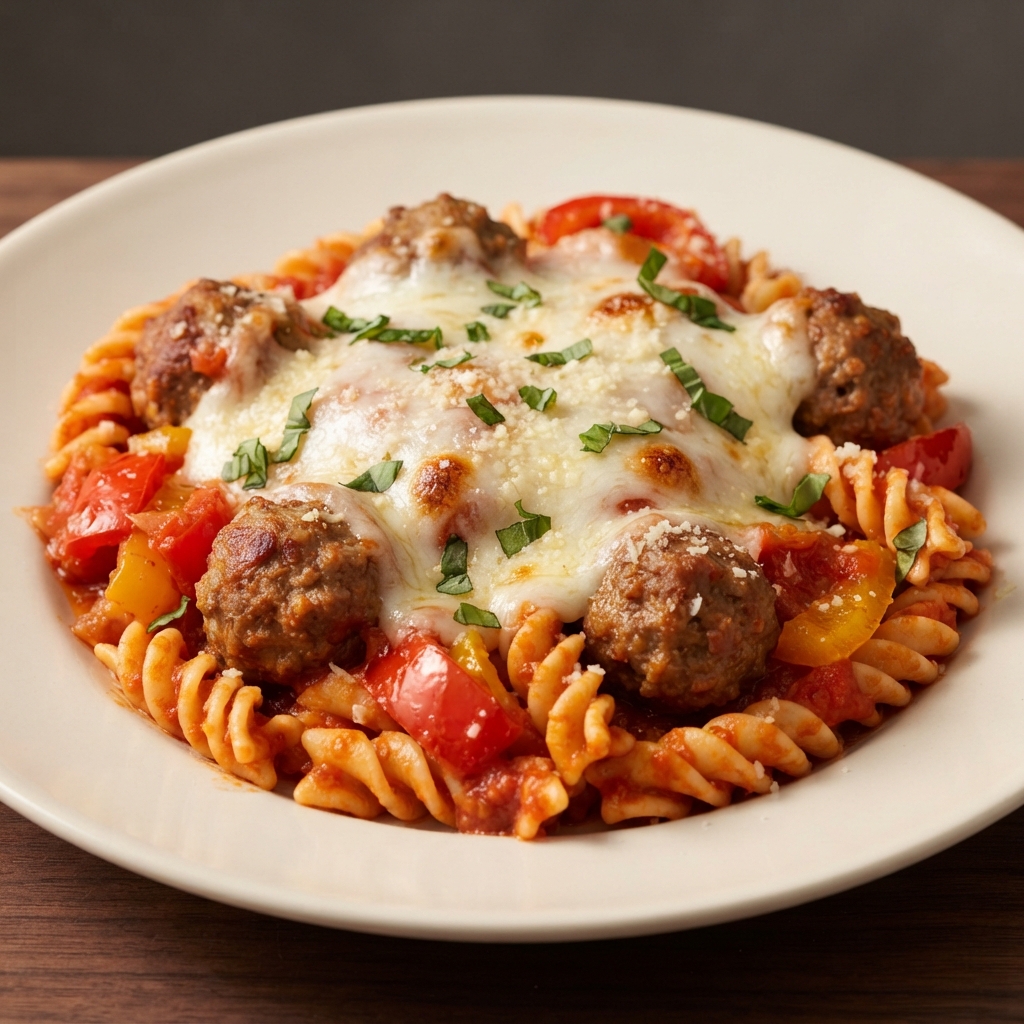 No-Boil Baked Meatball Pasta Casserole