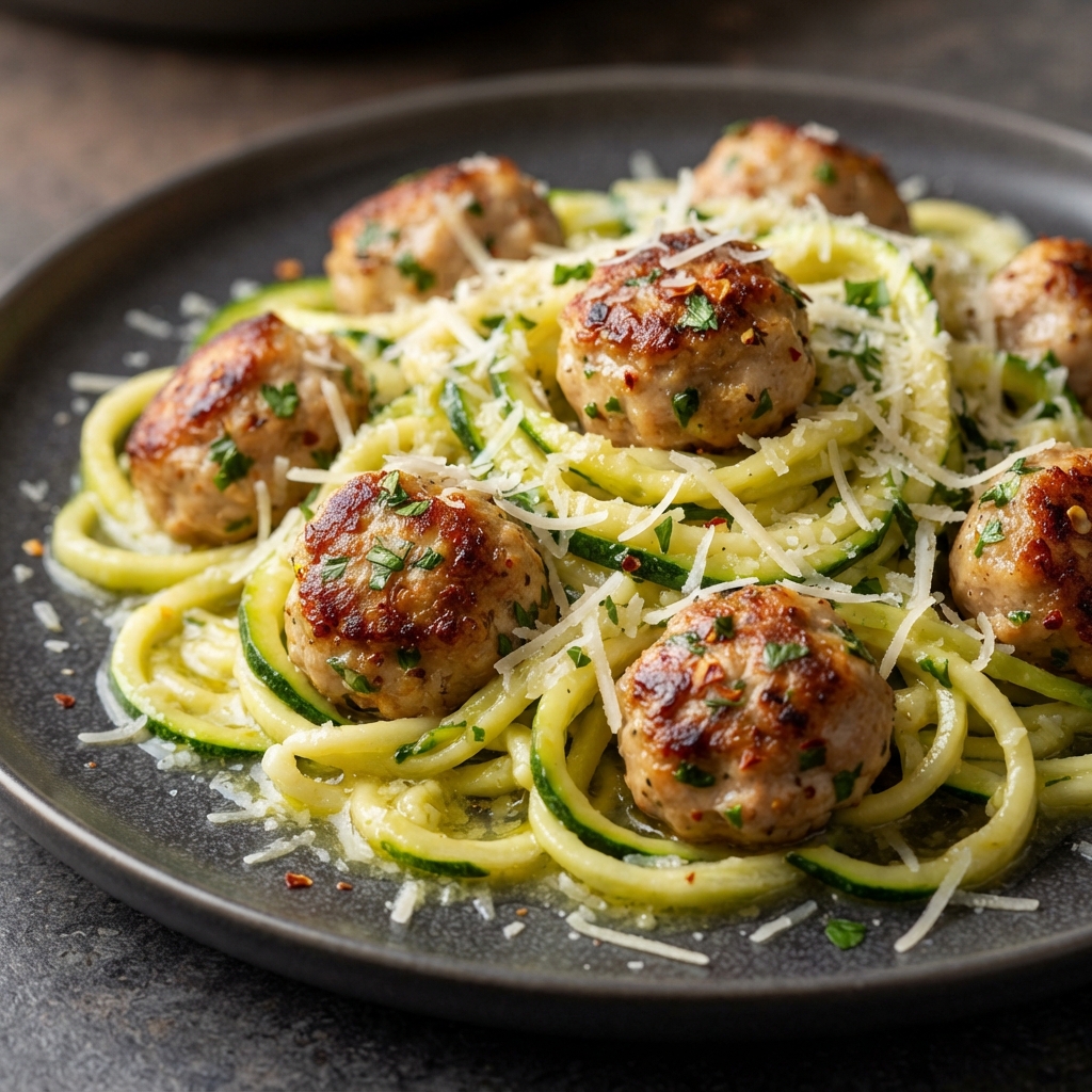 Chicken Meatballs with Garlic-Butter Zucchini Noodles