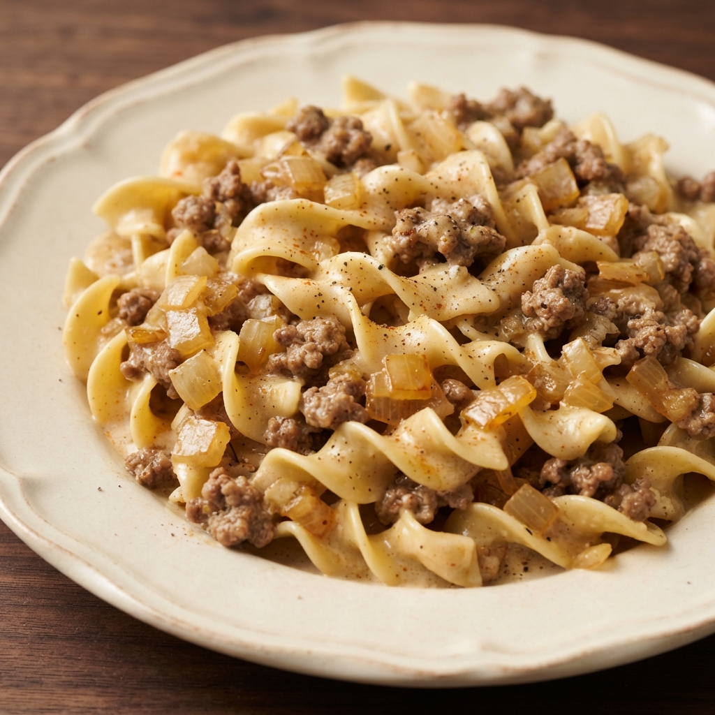 Weeknight Ground Beef Stroganoff with Egg Noodles