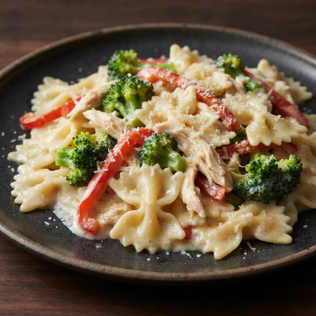 Creamy Chicken Farfalle with Broccoli and Peppers