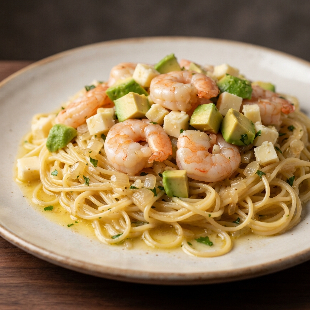 Shrimp Scampi with Angel Hair and Avocado (2750 kcal OMAD)