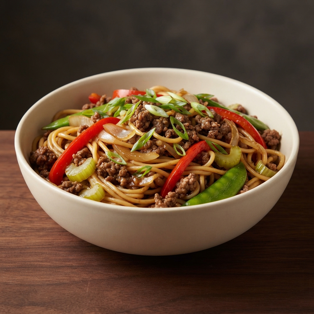Beefy Lo Mein Noodles with Veggies