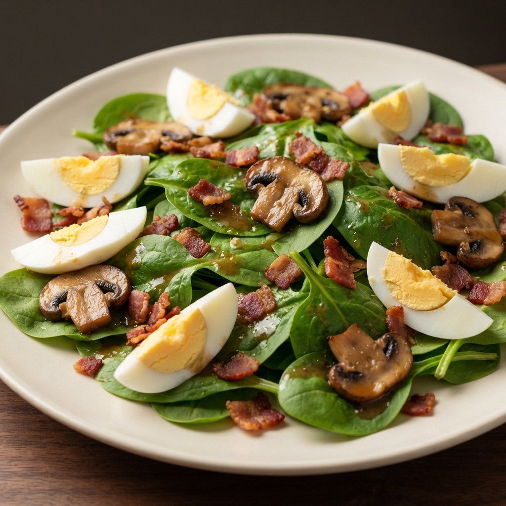 Mushroom and Spinach Salad with Warm Bacon Vinaigrette