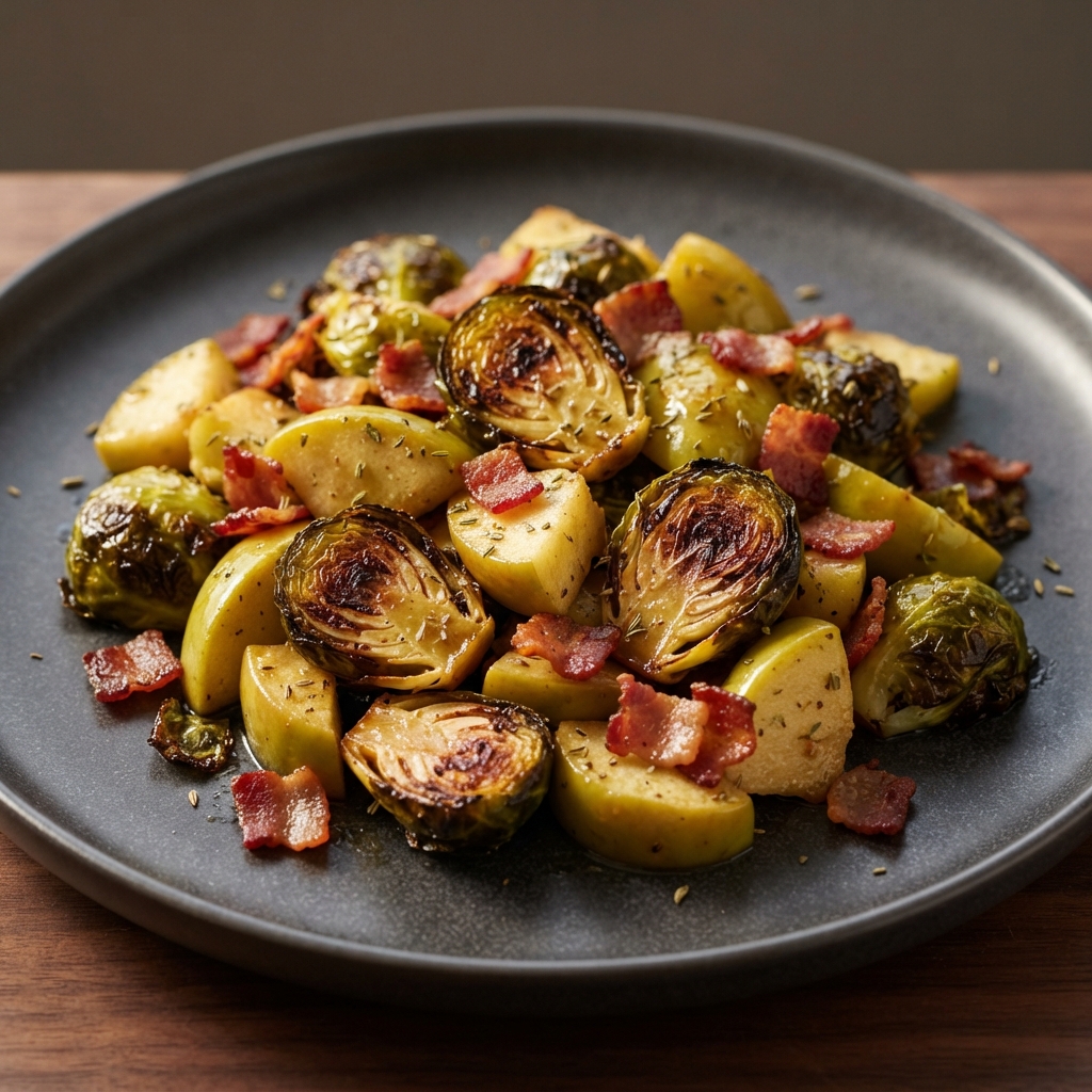 Maple-Herb Roasted Brussels Sprouts with Bacon and Apples