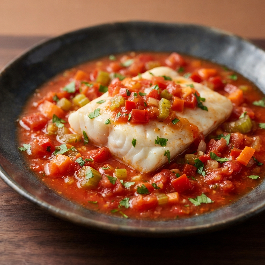 Cod Poached in Bright Tomato Red Sauce