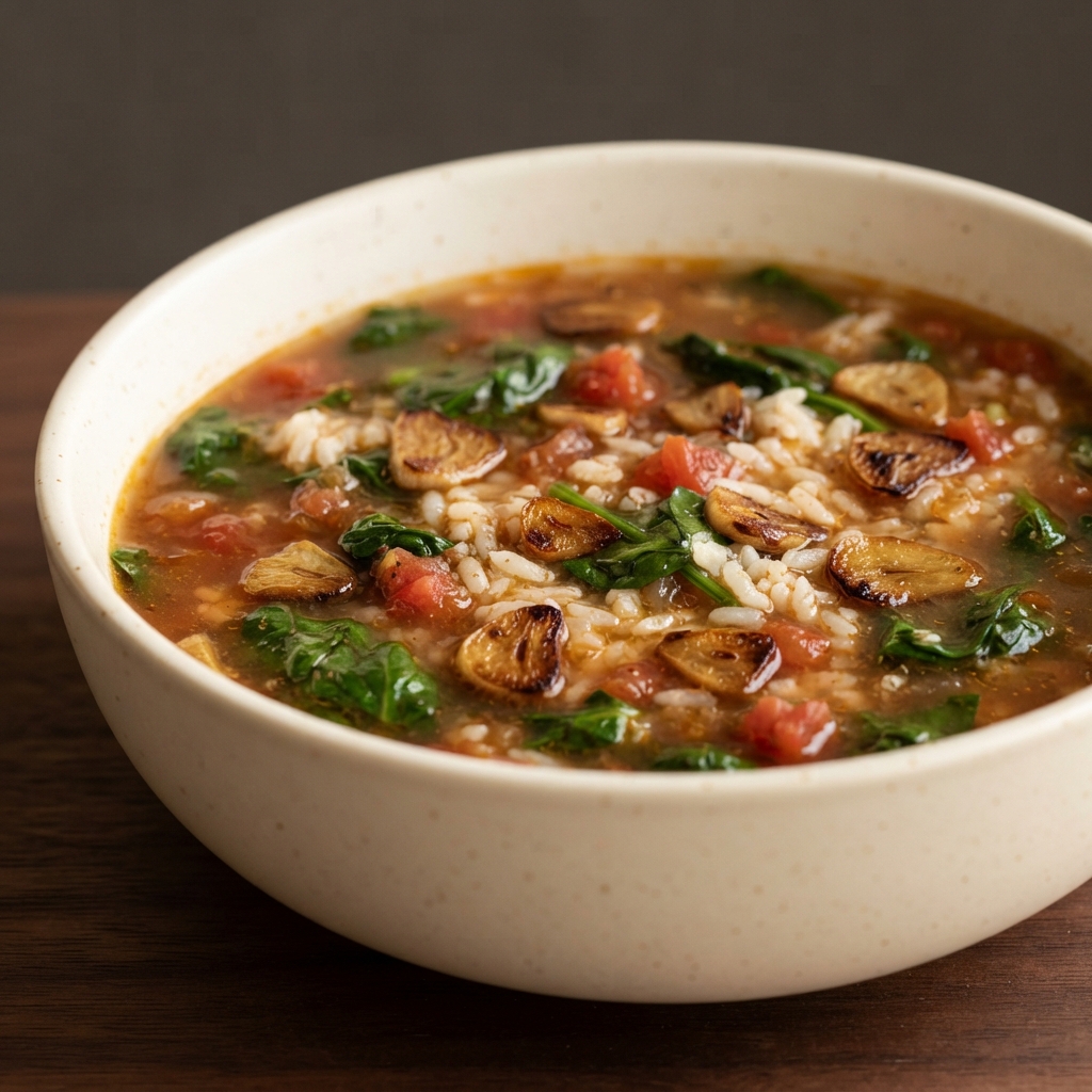 Spinach and Roasted Garlic Rice Soup