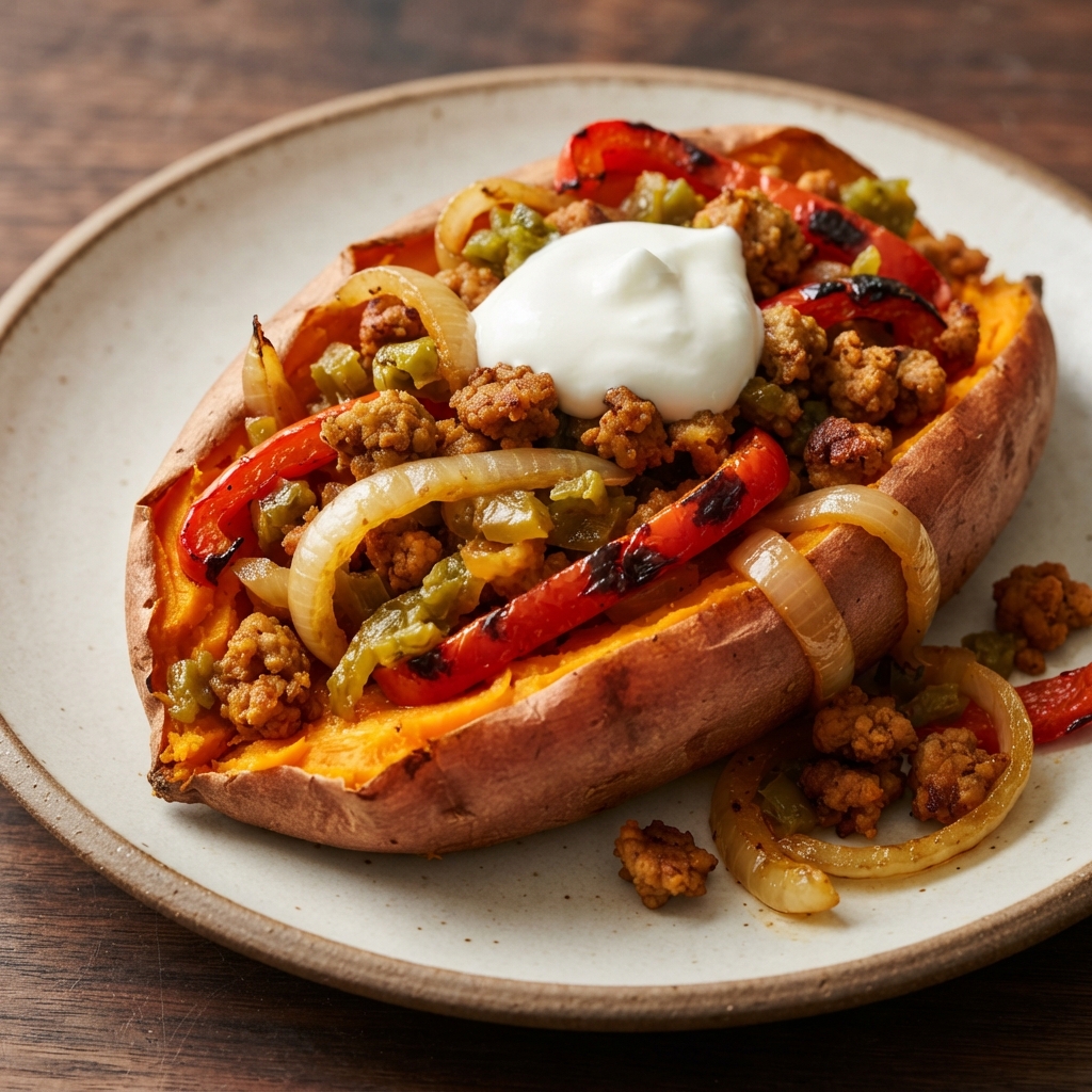 Roasted Sweet Potato with Onions and Red Bell Pepper