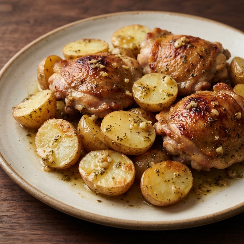 Lemon-Garlic Greek Chicken Thighs with Roasted Potatoes
