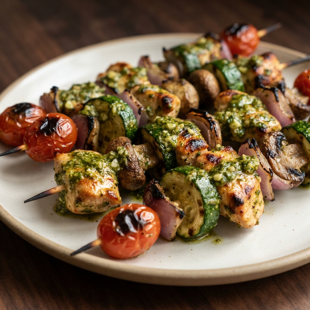 Pesto-Marinated Chicken Skewers on the Grill