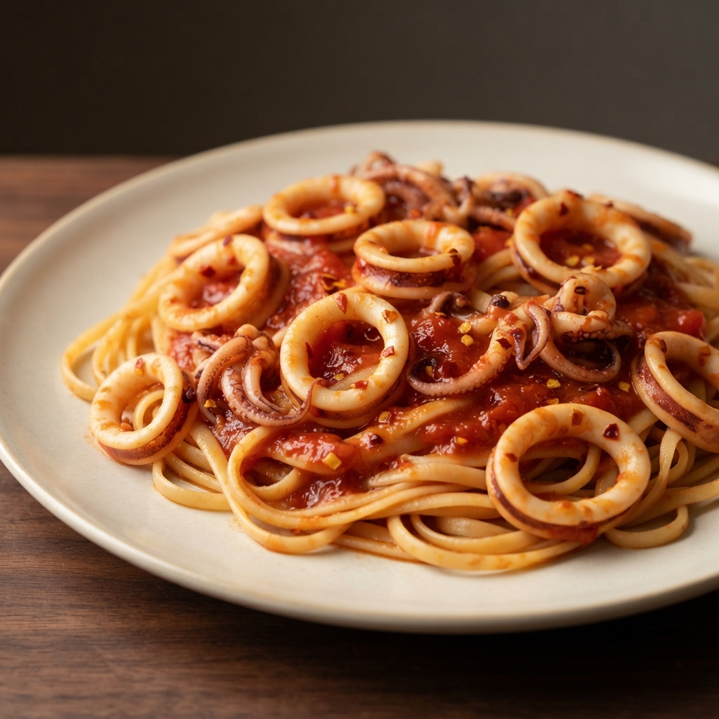 Squid in Tomato-Red Wine Sauce with Linguine