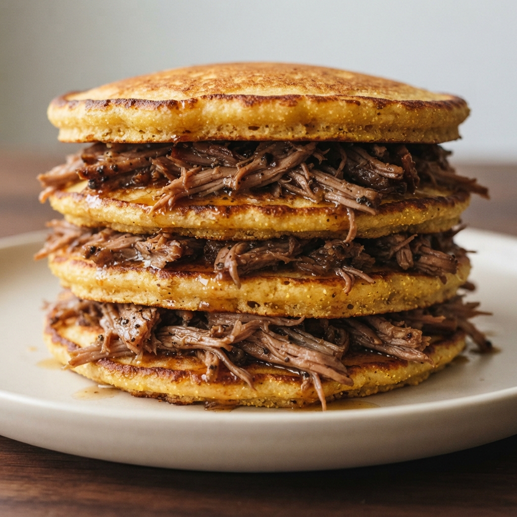 Stacked Cornmeal Pancakes with Maple-Braised Pulled Pork