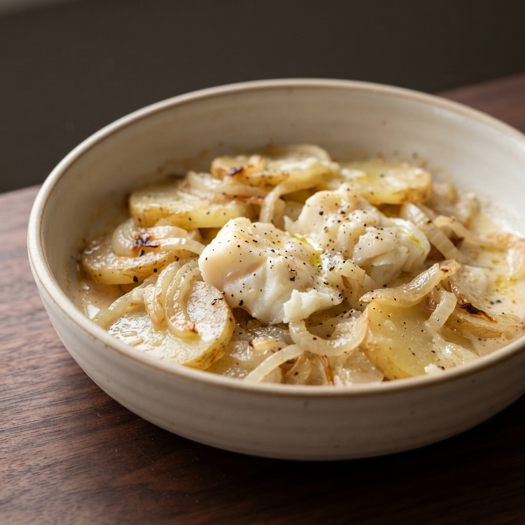 Oven-Baked Cod with Potatoes and Onion Layers