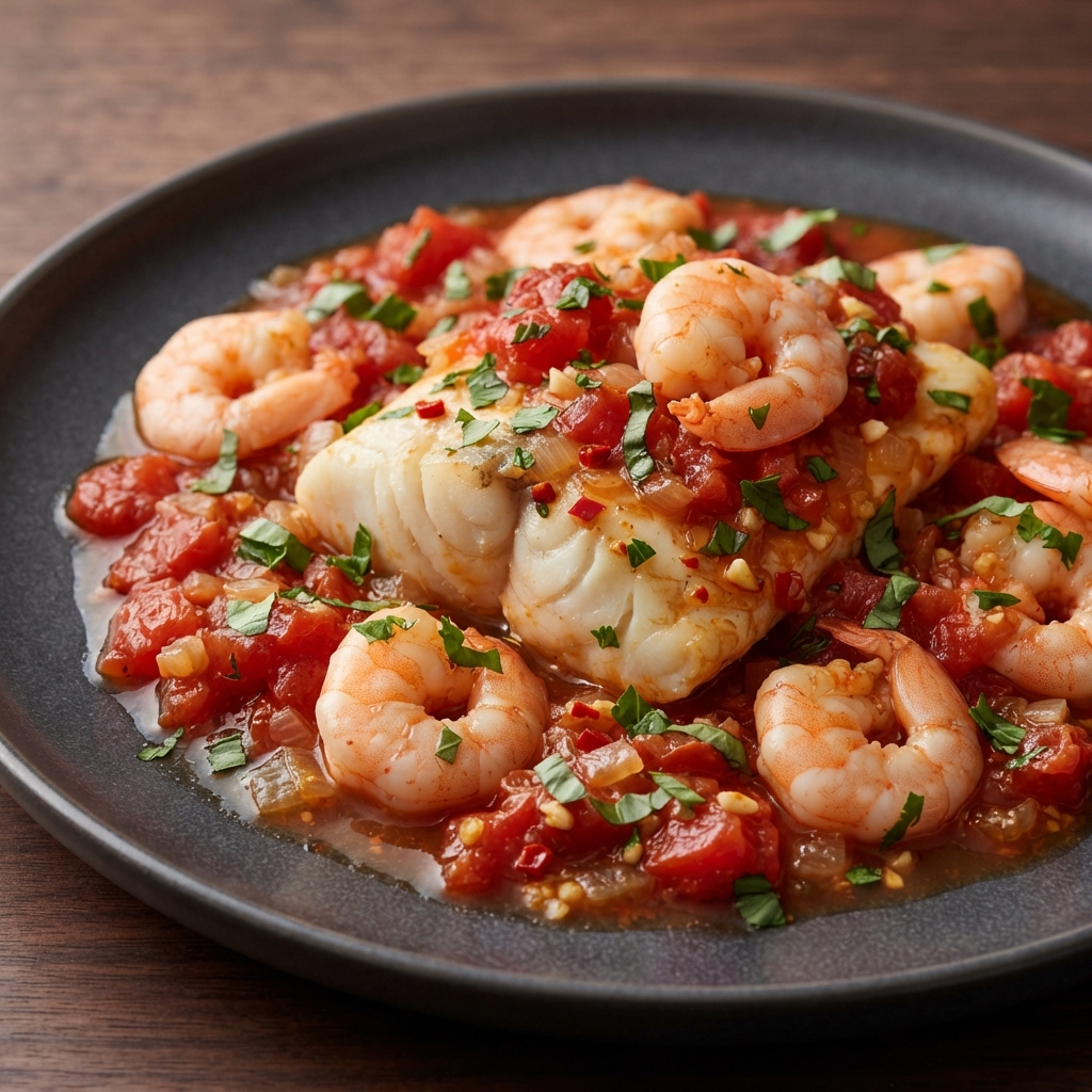 Wine-Braised Cod and Prawns in Fresh Tomato Sauce