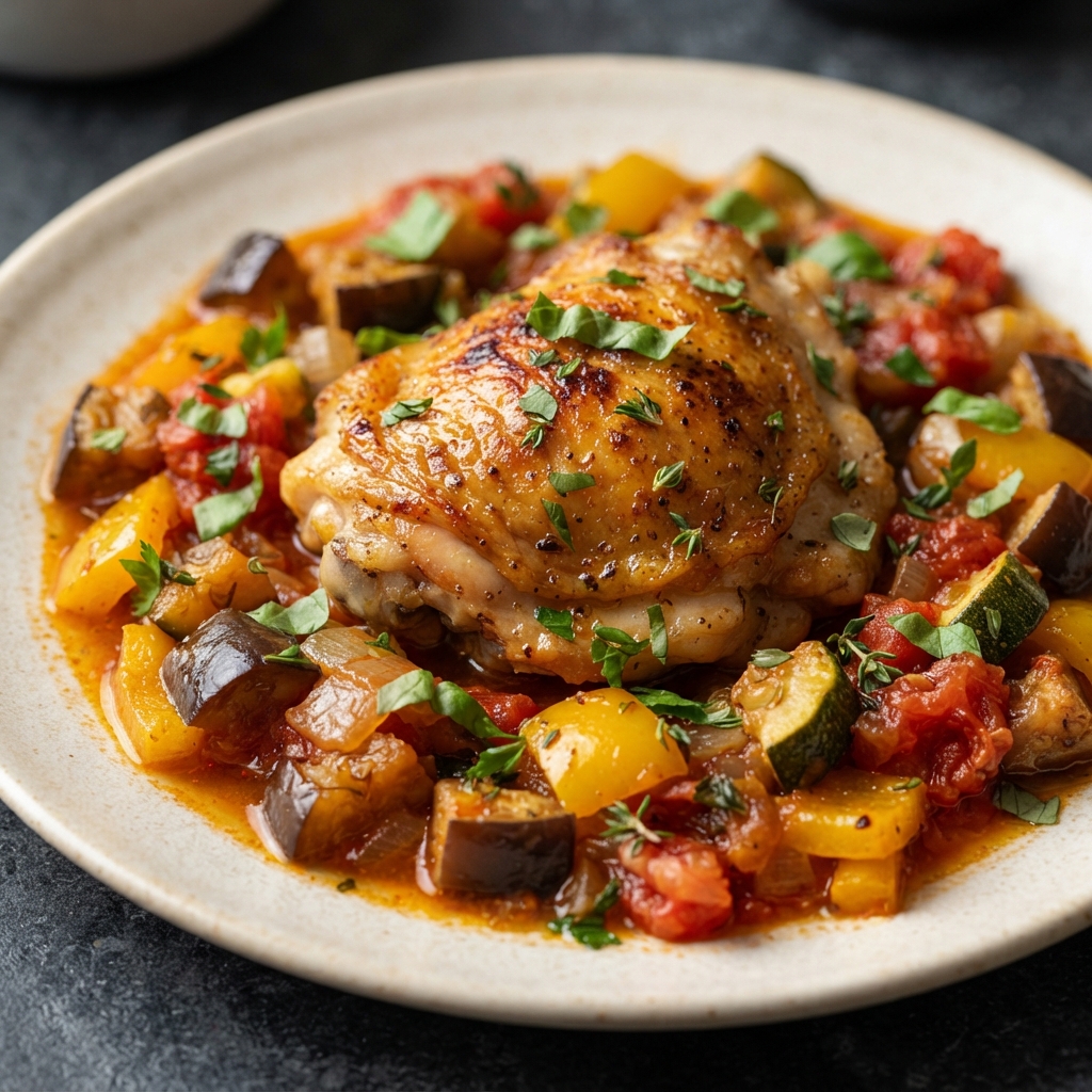 Oven-Roasted Chicken Thighs with Ratatouille Vegetables
