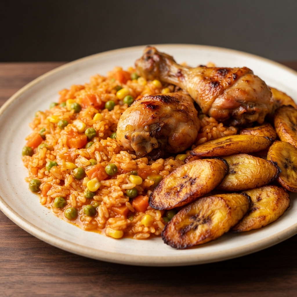 Nigerian Jollof Rice with Chicken and Crispy Plantains