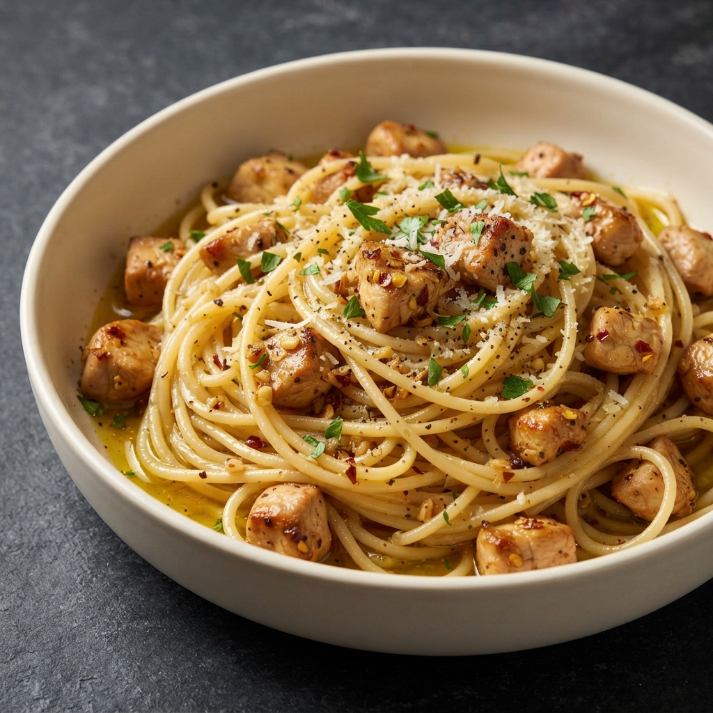 Spicy Chicken Garlic Spaghetti (2250 kcal OMAD)