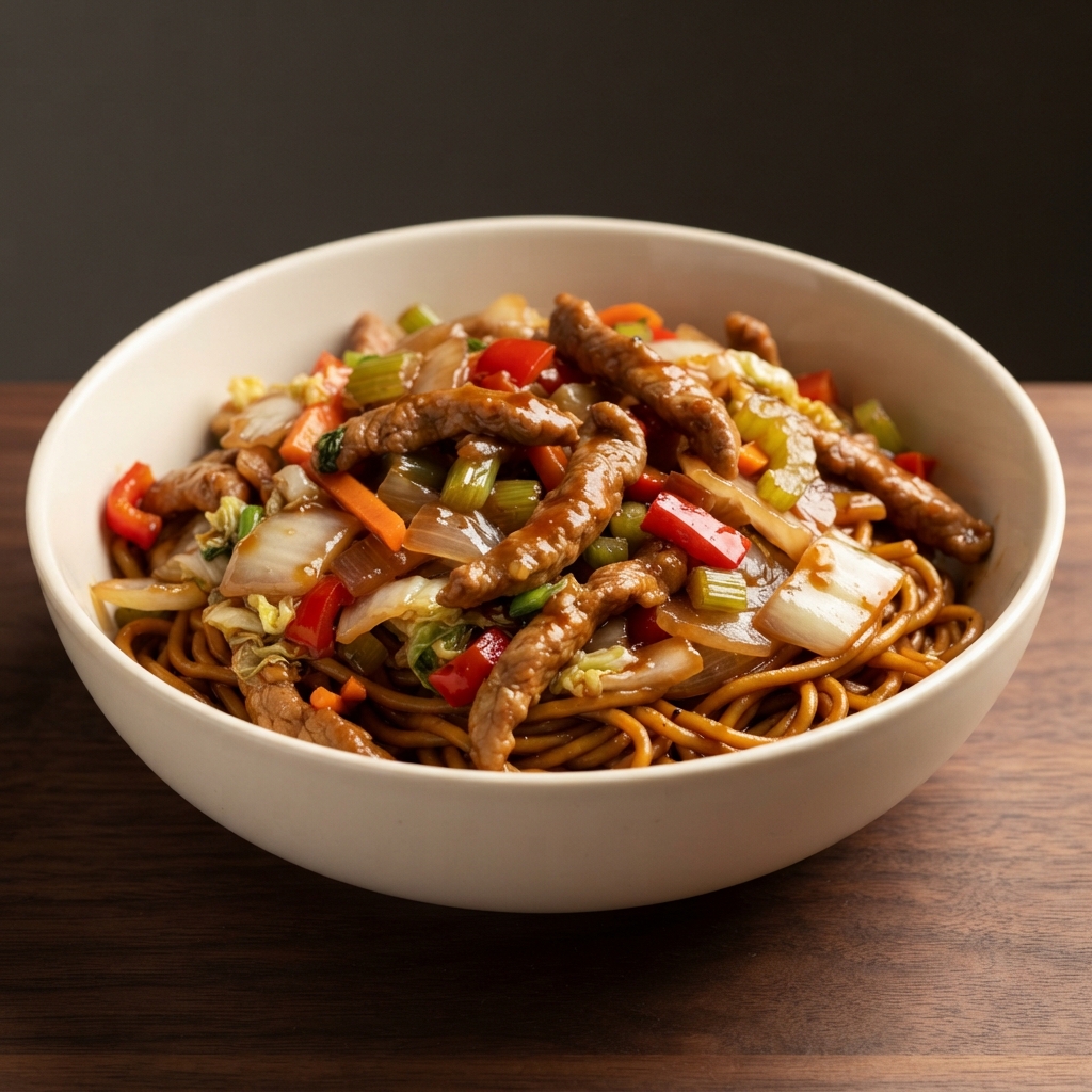 Sweet-Heat Pork and Napa Cabbage Stir-Fry over Spicy Noodles