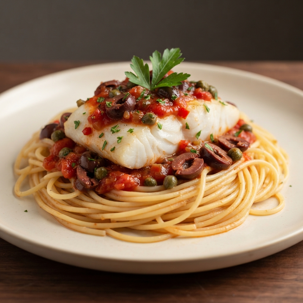 Cod Puttanesca with Spaghetti
