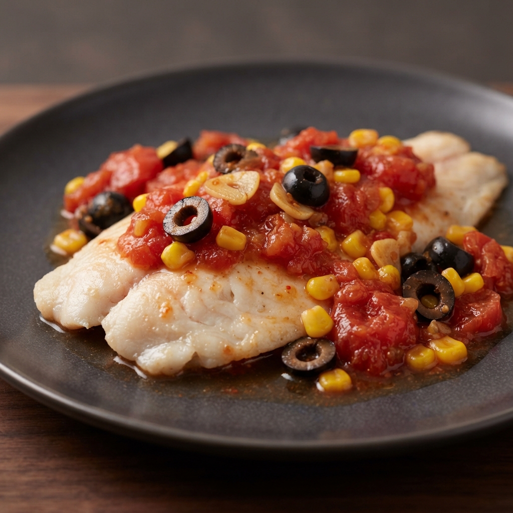 Tilapia with Tomatoes, Black Olives and Corn