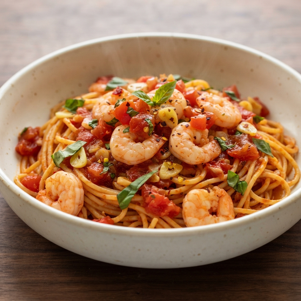 Garlicky Shrimp in Marinara over Spaghetti